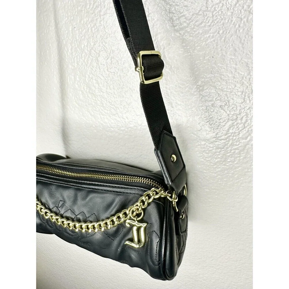 Juicy Couture Crossbody Bag Womens Small Black Faux Leather Chain Logo Barrel